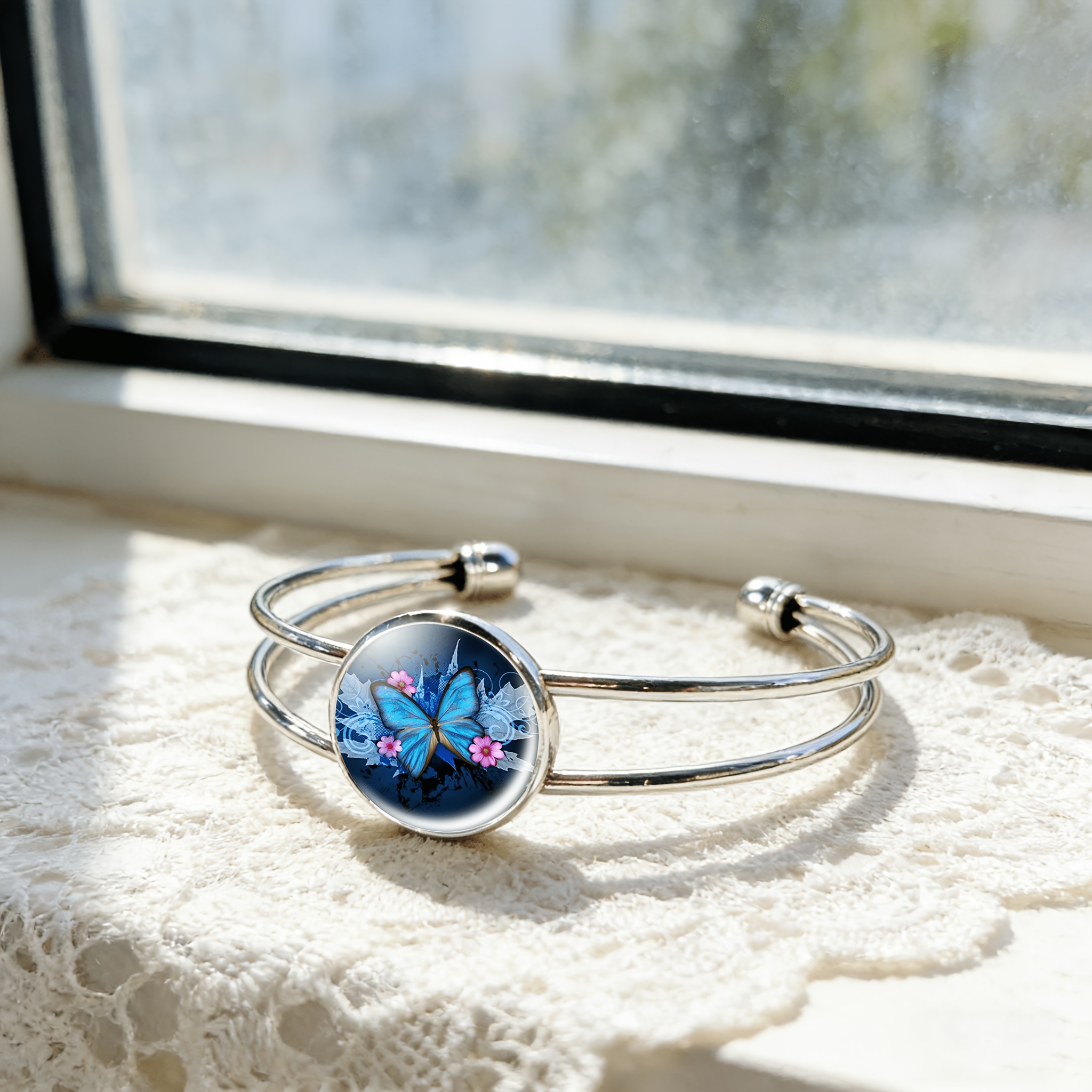 Adjustable Open Bangle with Round Time Gemstone Inlay
